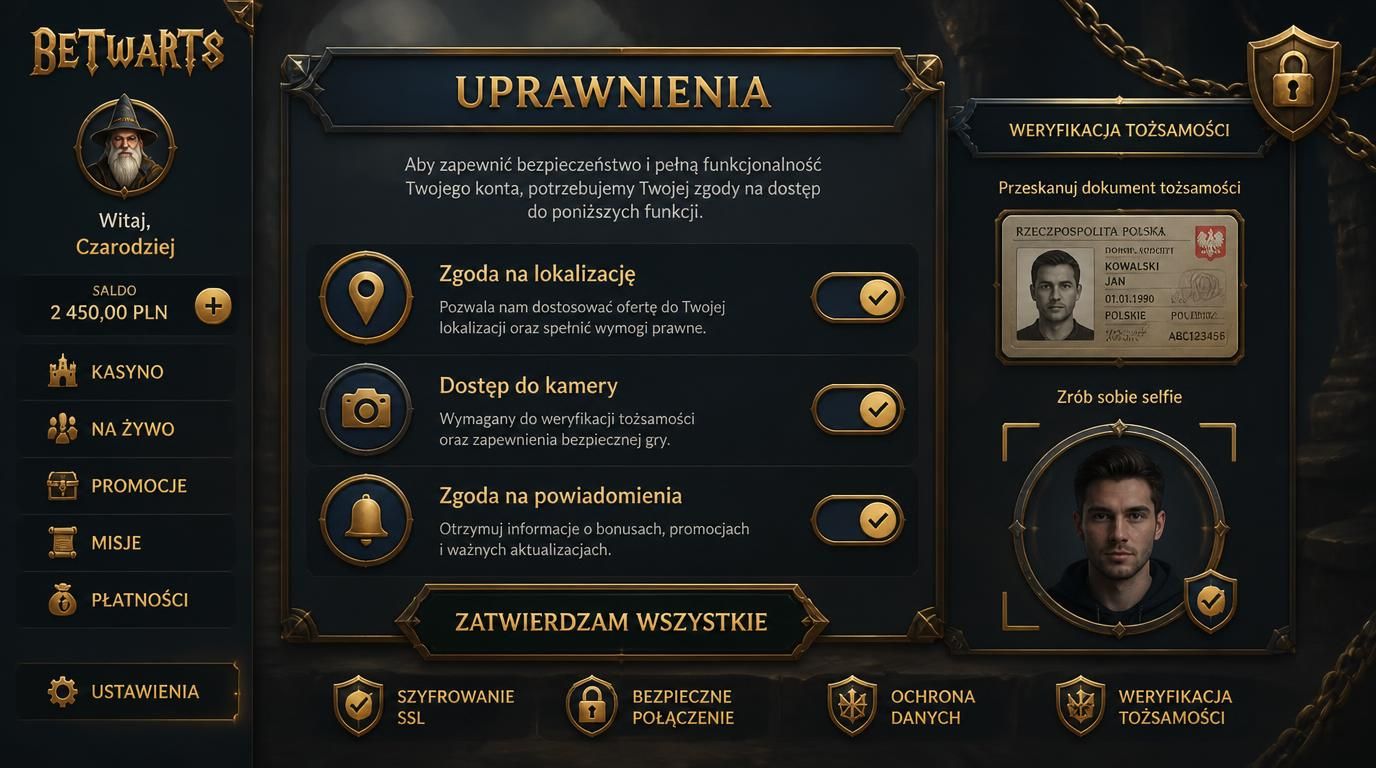 Uprawnienia aplikacji widoczne na ekranie urządzenia z ikonami kamery, lokalizacji i powiadomień