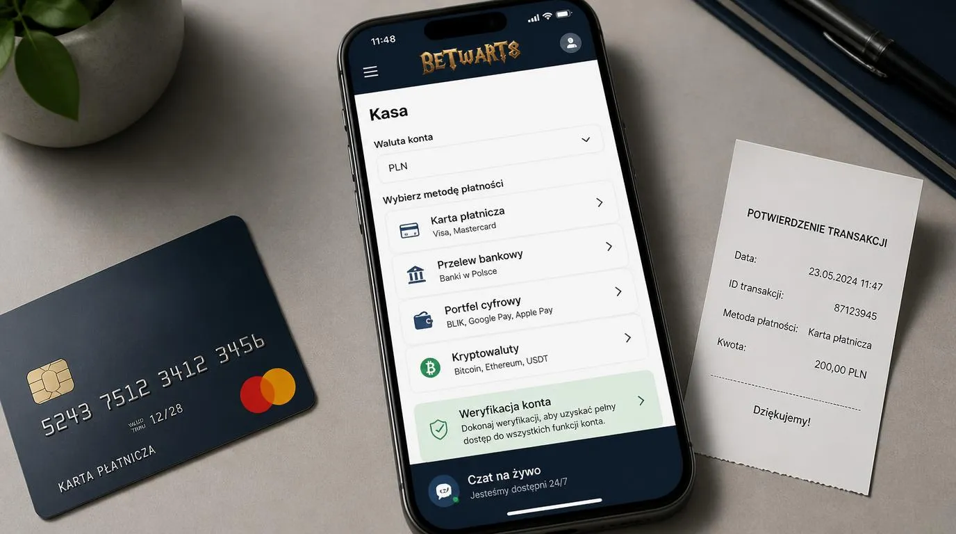 Kasjer na smartfonie z walutą PLN, wyborem metody płatności i przyciskiem czatu