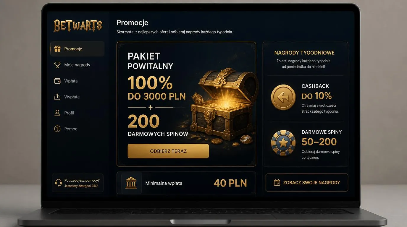 Ekran promocji kasyna z bonusem powitalnym, minimalną wpłatą 40 PLN i nagrodami tygodniowymi